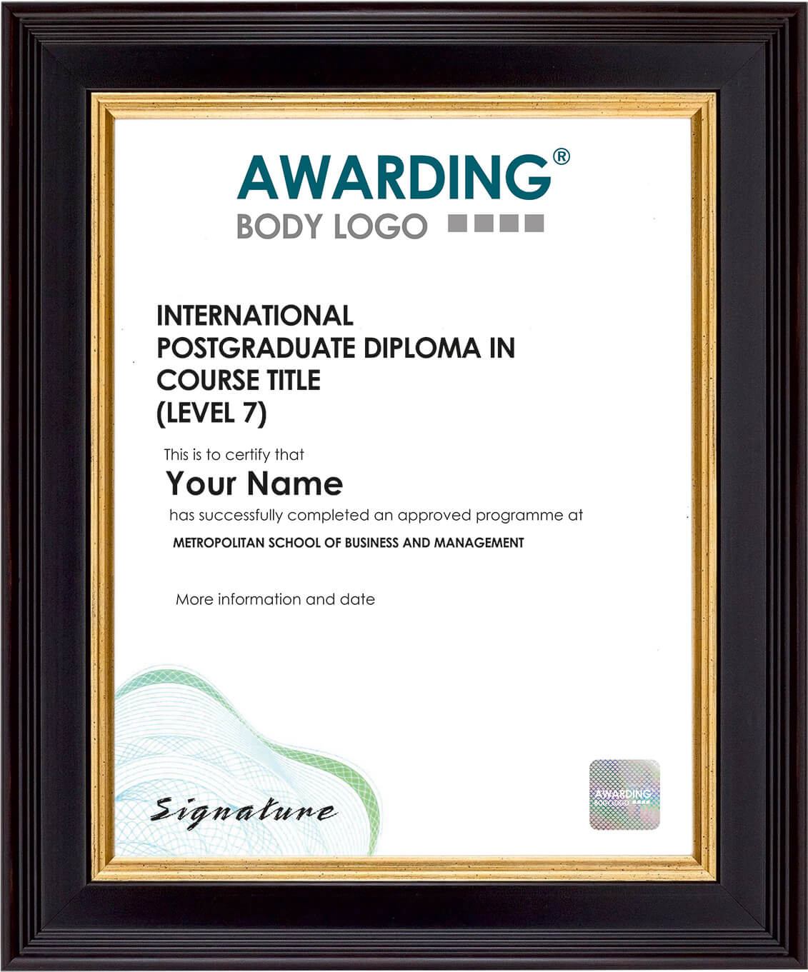 Level 7 International Postgraduate Diploma Sample Certificate